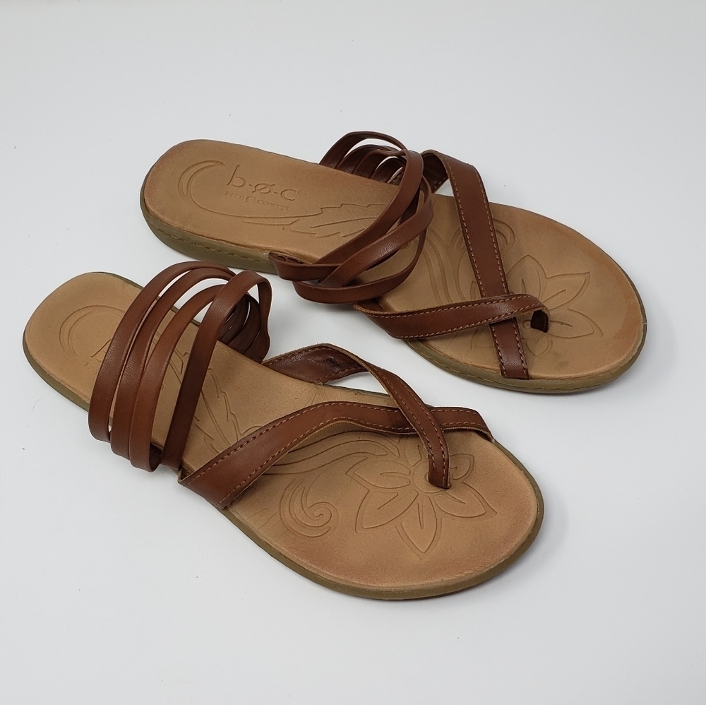 b.o.c by Born Strappy Sandals Flip Flops Tan Brown Tropical Design Size 10 M